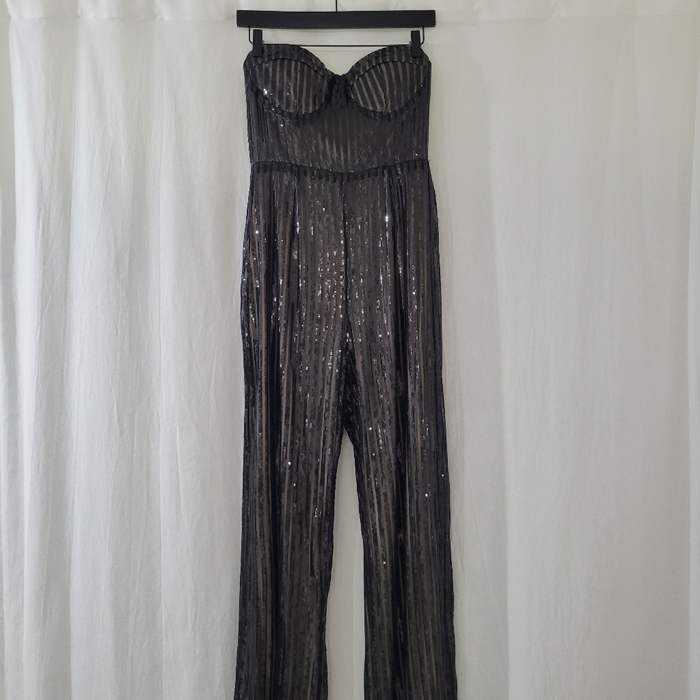NWT Giffniseti Black/Nude Striped Sequined Bustier Jumpsuit Women's Size L